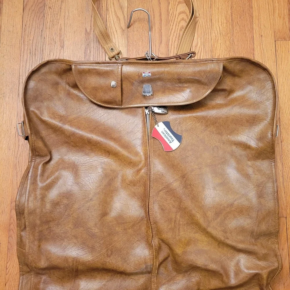 American Tourister Brown Leather Garment Bag Vintage‎ Suit Carrier Travel Keys